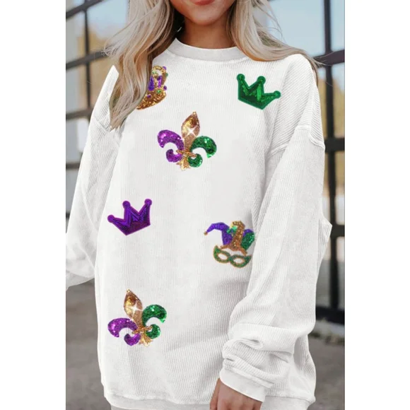 Mardi Gras Sequin Patch Oversized White Corded Sweatshirt - Picture 2 of 8